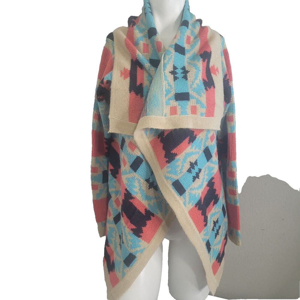 Kate Collection Large sweater cardigan open southwestern knit cowl neck